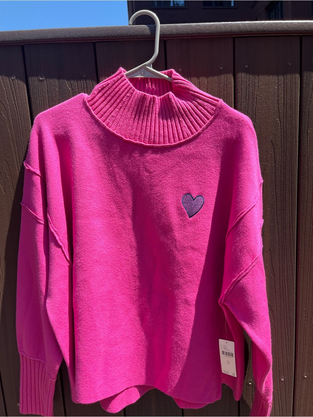 Anthropologie Hot Pink Ribbed Mock Neck Heart Sweater